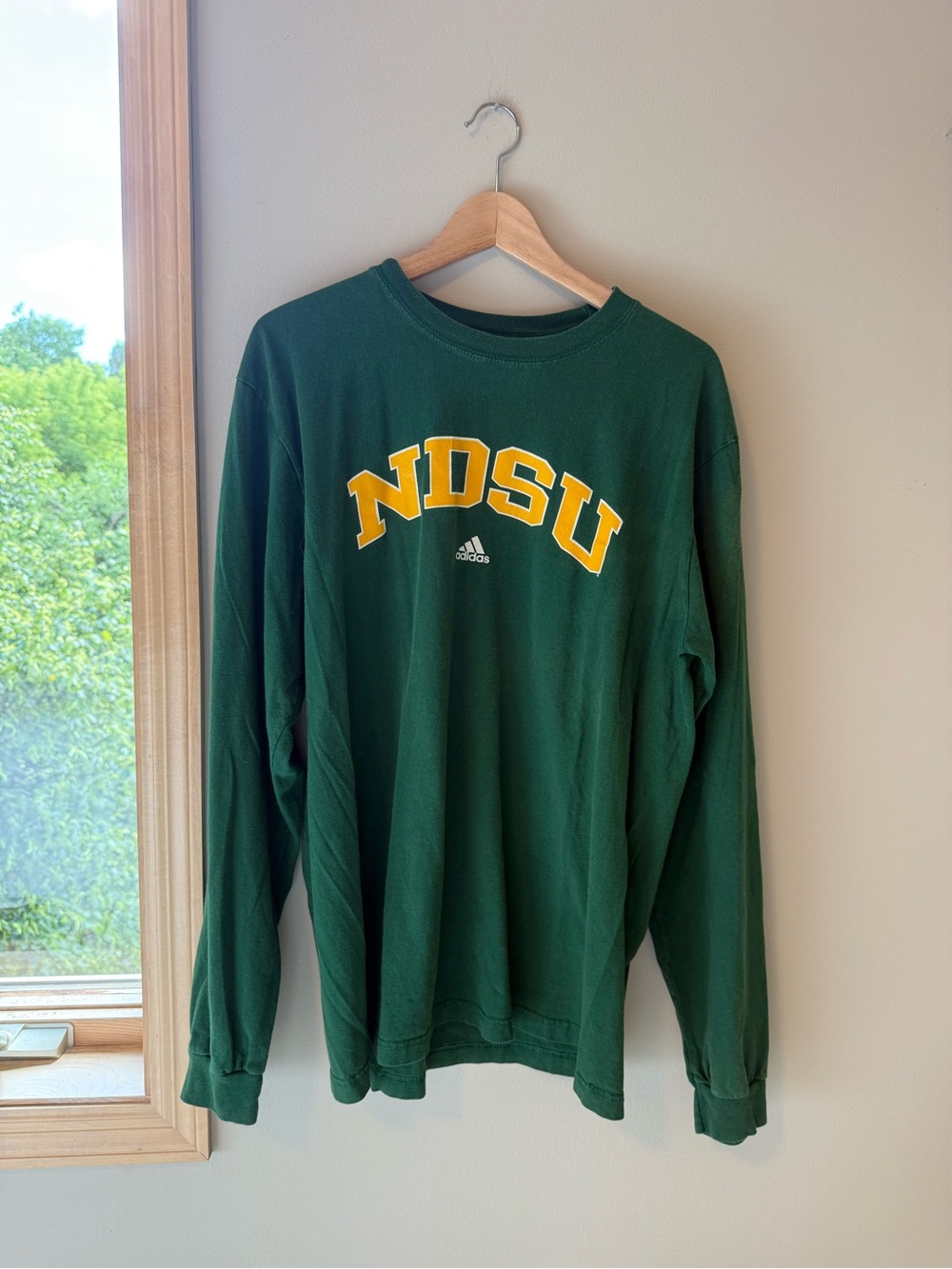 adidas Green Long-Sleeve NDSU Crewneck with Yellow Lettering